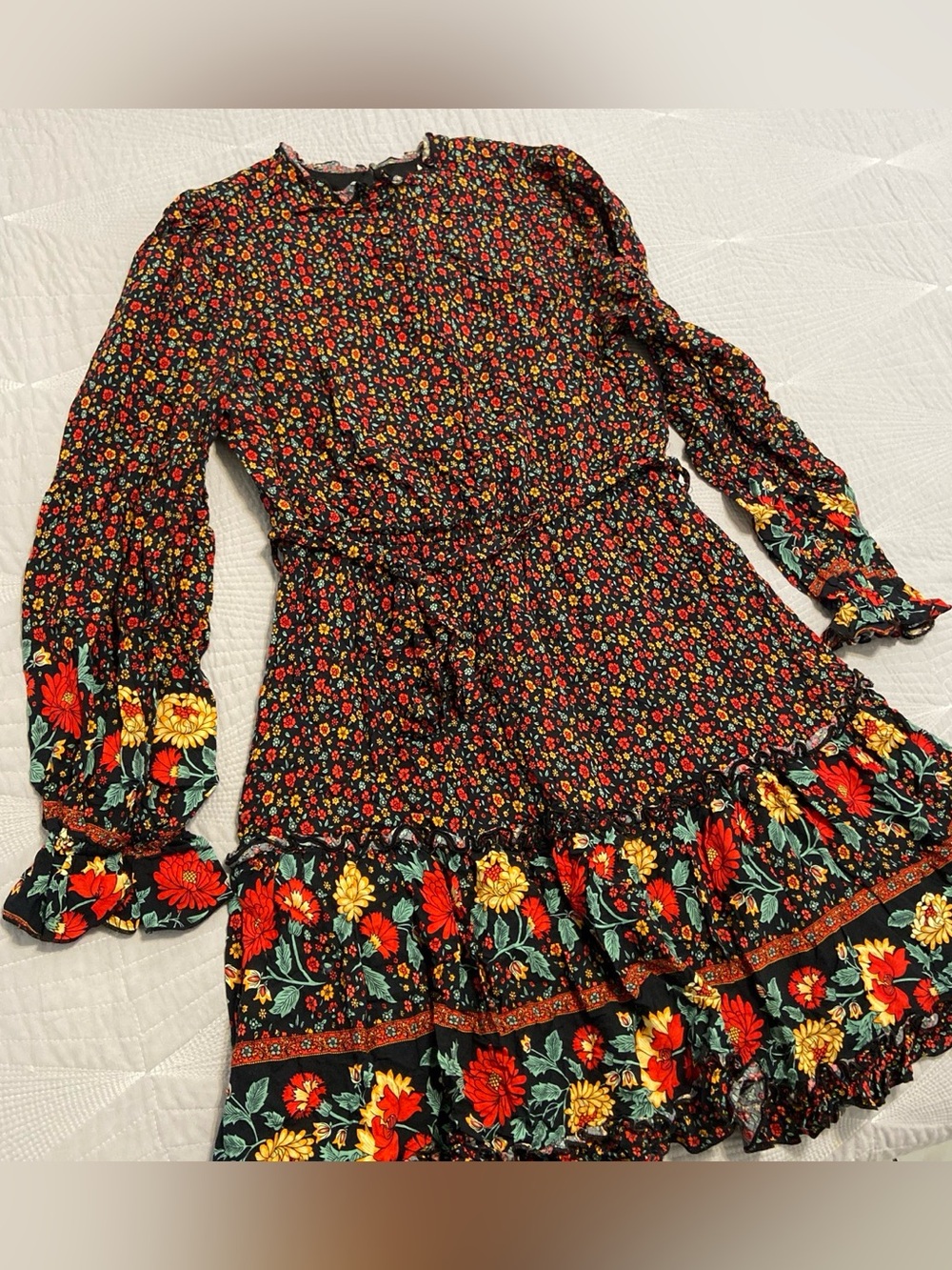 Floral Long-Sleeve Ruffle Hem Dress in Black with Red & Yellow Flowers